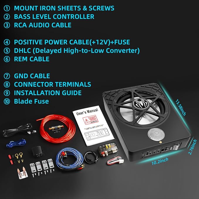 3000W Under Seat Subwoofer with Amp 10" Slim Powered Car Audio | 3-Way Full Range Sound with RGB Beat Sync LED, Bass Boost, Low Pass Filter, Plug & Play Design for Trucks SUVs and Cars