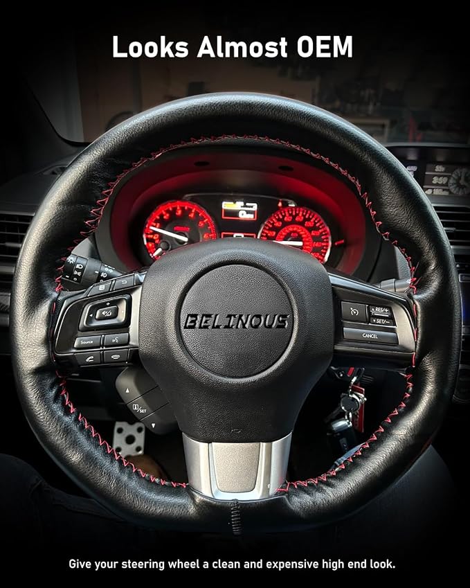 Leather Steering Wheel Cover Lace Up, Stitch on Steering Wheel Wrap, Universal Fit 13-20 Inch Car Truck Pickup Boat, A Whole Piece of Cowhide, DIY w/Needle Thread (Size XXL1, Black & Red)