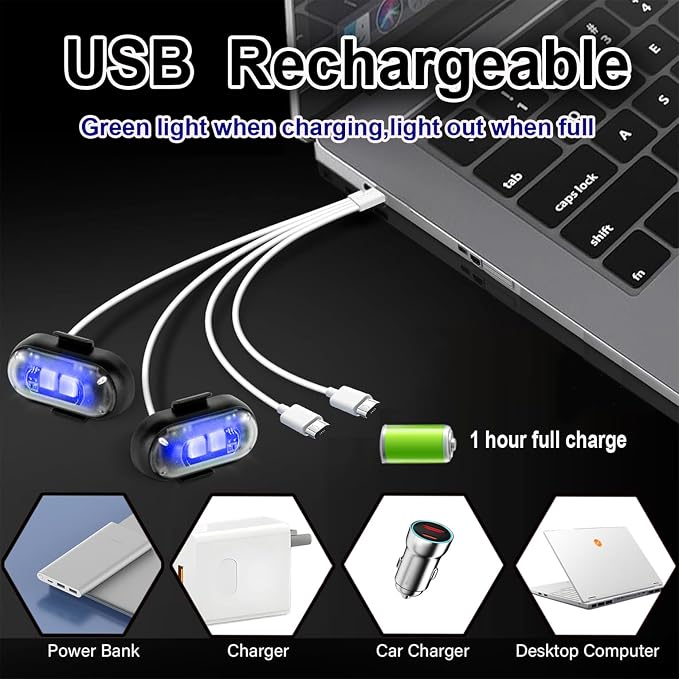 6-Pack Wireless LED Strobe Lights for Car Interior Ambiance with 8 Colors | Remote Control, USB Charing Waterproof Emergency Warning Anti-Collision Light for Motorcycle Bike Drone Aircraft Decor