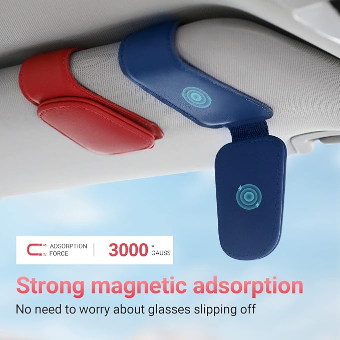 Sunglass Holder for Car Visor Sunglasses Clip Magnetic Leather Glasses Eyeglass Holder Truck Car Interior Accessories Universal for Woman Man -Blue