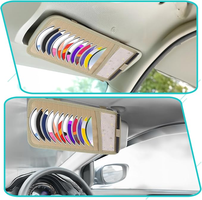 Trinkrittey CD Visor Holder for Car, Vehicle Sun Visor Organizer Large Capacity CD Holder with 12 DVD Storage Sleeves 1 Mesh Pocket 1 Pen Holders and Elastic Strap