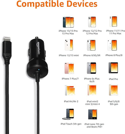 12W (5V, 2.4A) Fast Car Charger with Coiled Lightning Cable, MFi Certified for iPhone, iPad and Apple Devices, 1.5 ft, Black