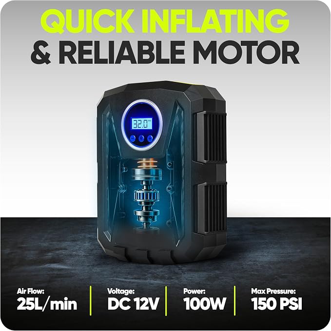 Tire Inflator Portable Air Compressor, Air Pump for Car Tires and Bikes, Car Tire Pump w/Auto Shut Off, 150 PSI, 12V DC, LED Light, Carrying Case, Perfect For Men, Women