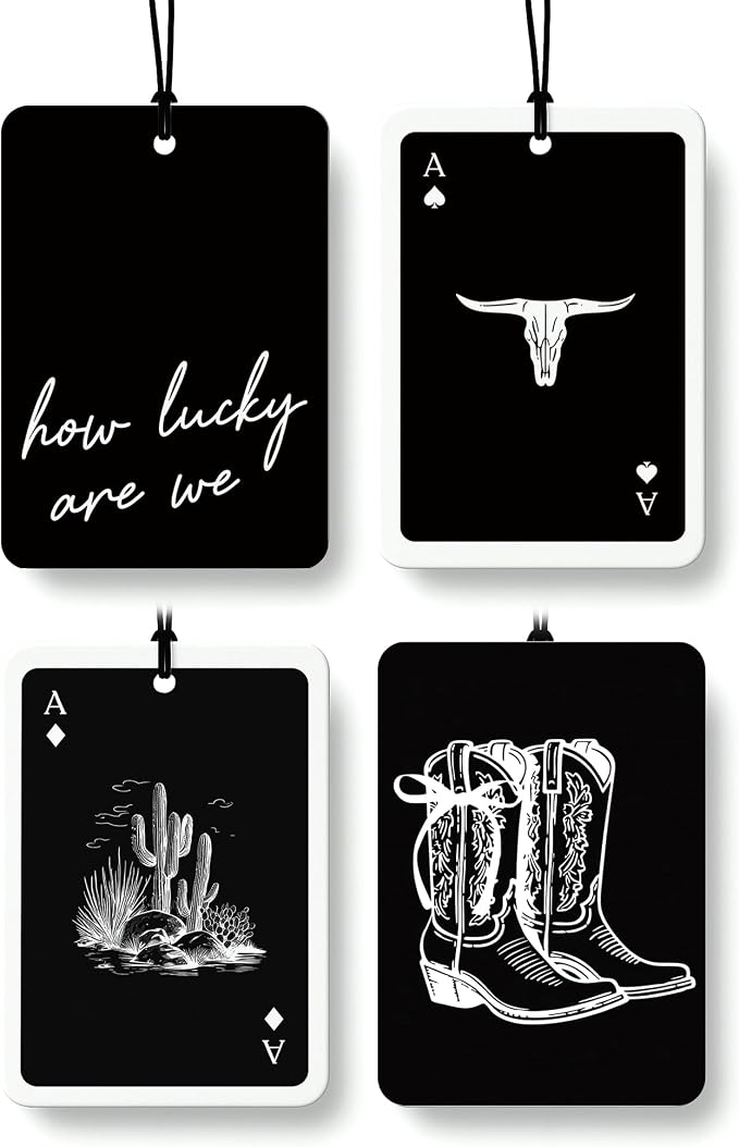Boho Black Western Car Air Freshener 4 Pcs, Preppy Cow Skull Cactus Cowgirls Boots Hanging Air Freshener for Cars Closet Drawer Books, Western Car Accessories Mirror Decor for Women Men