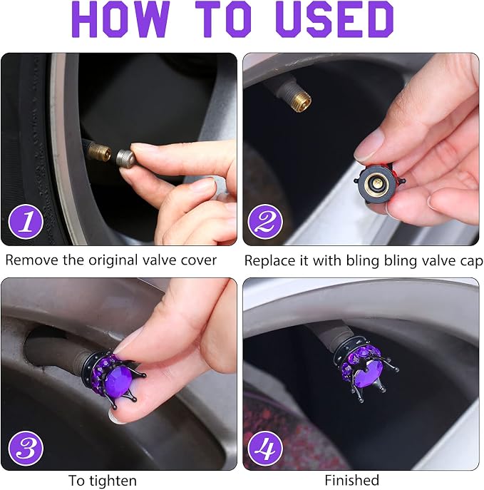 4 Pieces Crown Tire Valve Stem Caps Bling Handmade Crystal Rhinestone Universal Chrome Crown Vehicle Car Tire Caps Covers, Attractive Accessories for Car (Purple and Black)