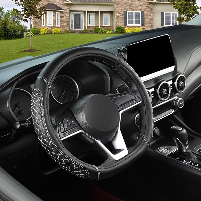 Flat Bottom Car Steering Wheel Cover for Nissan,D Shaped Steering Wheel Cover for Rogue,Altima,Kicks (Diamond Quilted-Black+Gray-Standard Size)