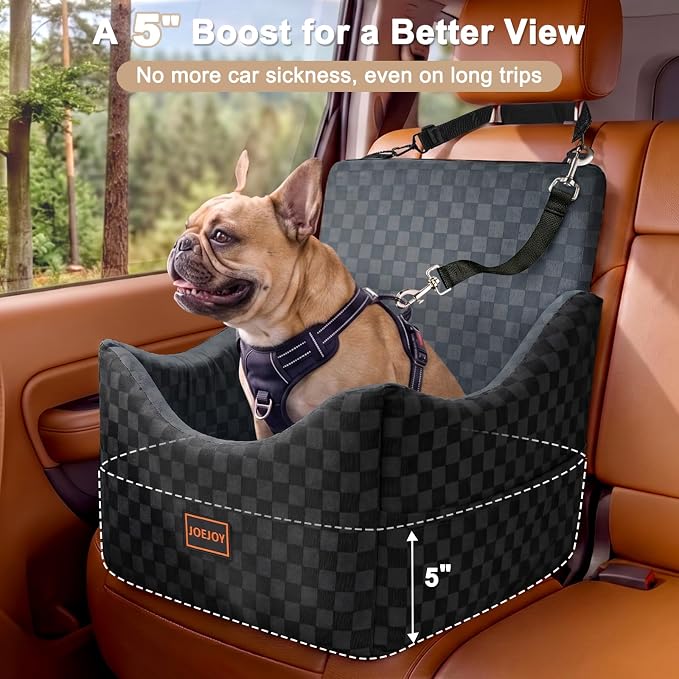 Elevated Dog Car Seat for Small/Medium Dogs up to 35 lbs, Memory Foam Booster Seat with Detachable Washable Cover, Travel-Safe Car Bed with Safety Belts & Storage Pockets, Dark Grey