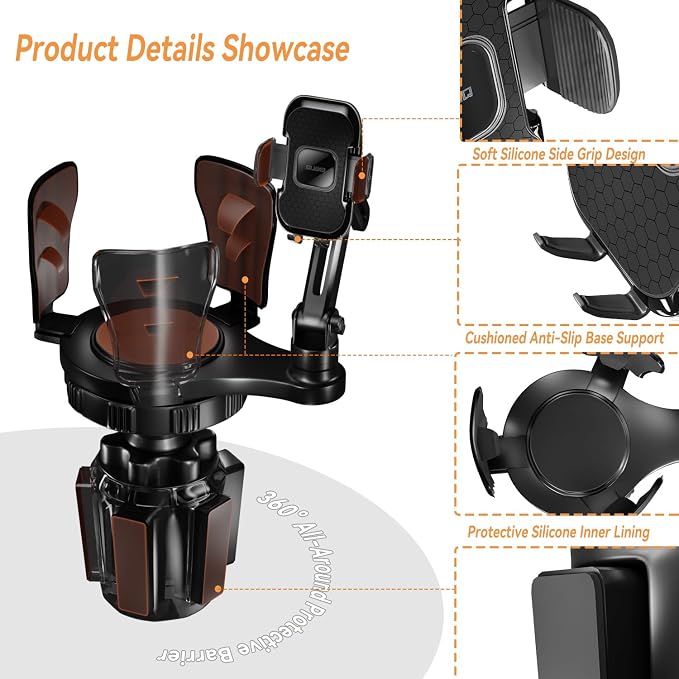 Cup Holder Expander with Phone Mount for Car, 2-in-1 Adjustable Cup Holder Fits Large Bottles, Tumblers & Fast Food Drinks, Universal Phone Mount 360° Rotating Arm for 4.7–7" Phones
