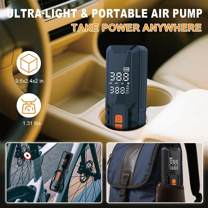 Tire Inflator Portable Air Compressor – Emergency Flat Tire Rescue & Pressure Maintenance Tool, Cordless Pump with 150PSI, LCD Screen, Auto Shut-Off – for Car, Motorcycle, Bicycle, Balls