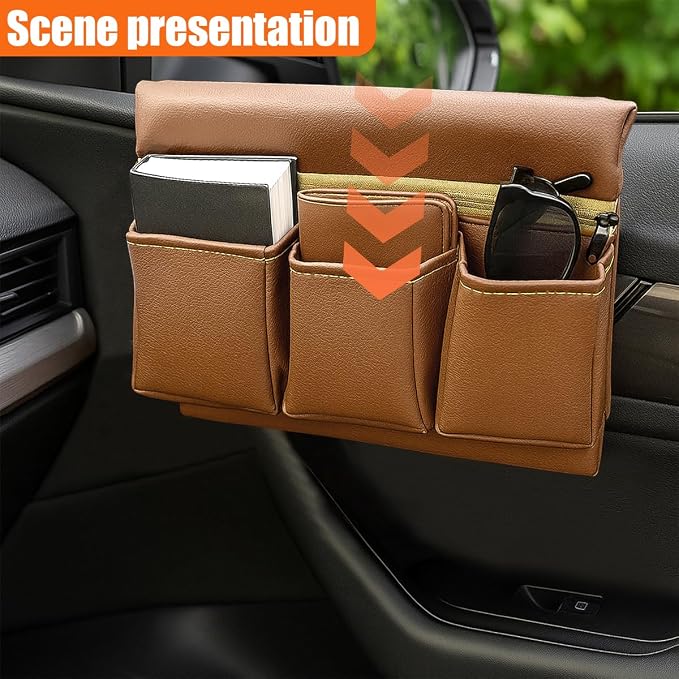 Car Window Armrest Storage Box, Leather Car Side Door Armrest Organizer Storage Bag with Multiple Pockets, Universal Comfortable Elbow Rest Pad Cushion for Auto Interior Accessories (Brown)