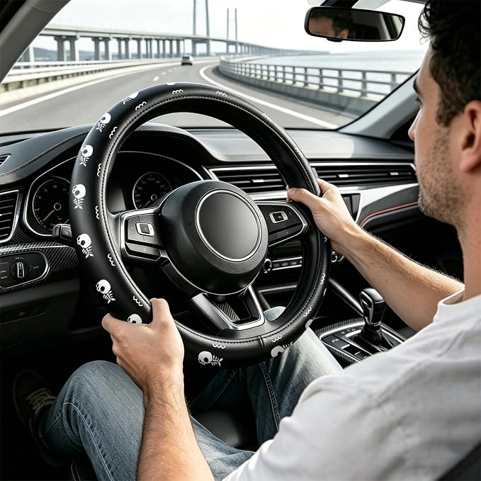 Skull Pattern PU Leather Steering Wheel Cover, Non-Slip Neoprene Lining, Universal Fit 14.5-15 Inch for Car, Truck, SUV