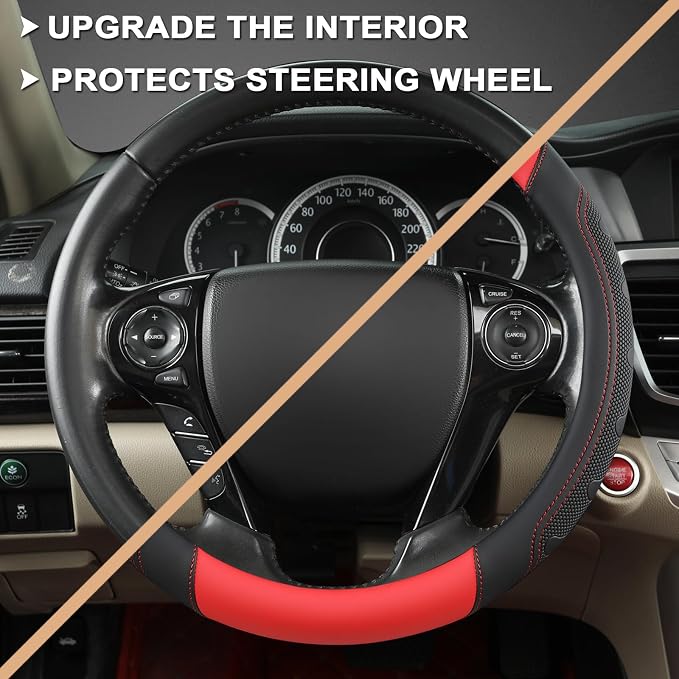 Microfiber Leather Steering Wheel Cover for Honda Accord,Civic,CR-V,HR-V,Pilot(Black+Red-Standard Size)