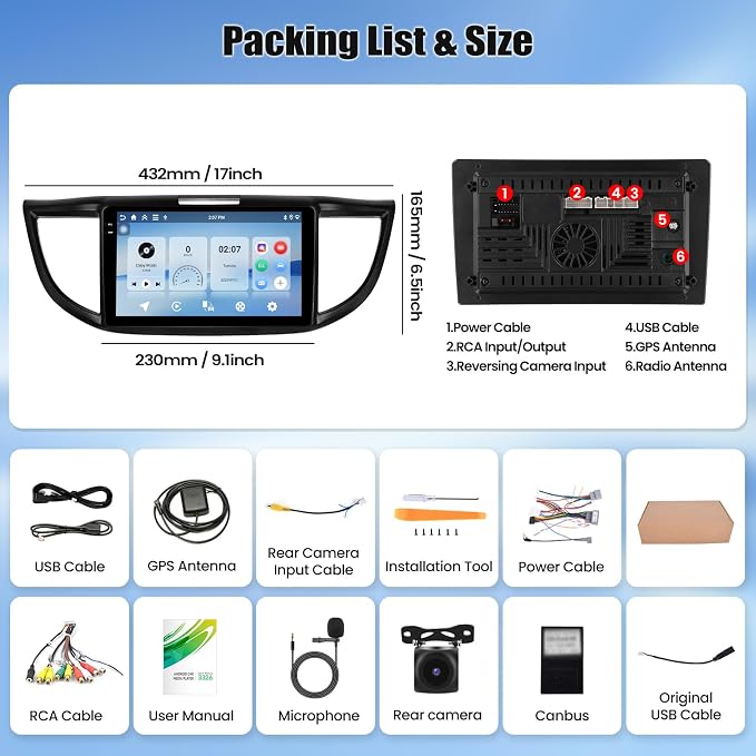 4G+128G for Honda CRV 2012-2016 Android 15 Car Stereo Radio with Wireless CarPlay Android Auto, 9”1280 * 720P IPS Touchscreen, Bluetooth5.0, GPS, WiFi, AHD Rear Camera, EQ, Split Screen, SWC