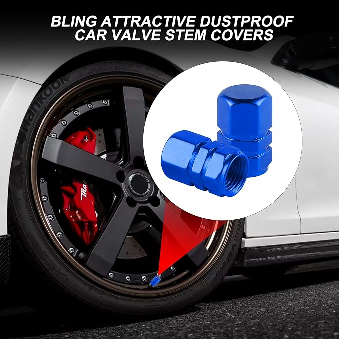 Aluminum Tire Stem Valve Caps Wheel Valve Covers Car Dustproof Tire Cap Cover Accessories, Universal for SUV, Car, Bike and Motorcycle, Hexagon Shape (4PCS Blue)