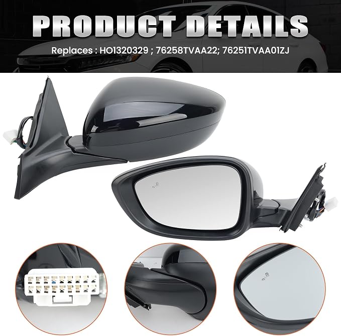 Left Driver Side Mirror Compatible with 2018-2022 Honda Accord LX Sport Power Glass | Heated | with Blind Spot | Manual Folding Repalces HO1320329 (7Pins-Black)