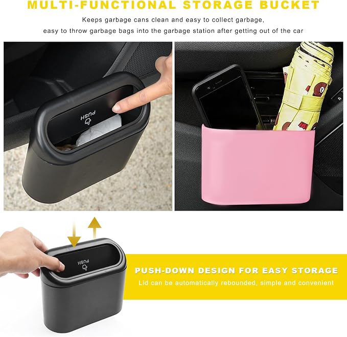 Car Trash Can Bin with Lid, Mini Portable Auto Garbage Can with 15Pcs Trash Bags, Waterproof Leakproof Small Garbage Organizer, Car Dustbin for Vehicle, Home, Office (Pink)