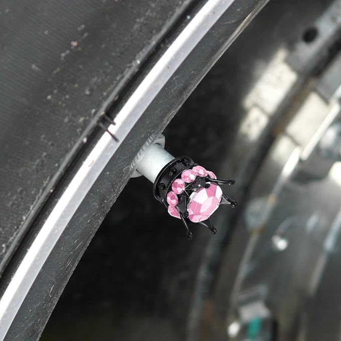 4 Pieces Crown Tire Valve Stem Caps Bling Handmade Crystal Rhinestone Universal Chrome Crown Vehicle Car Tire Caps Covers, Attractive Accessories for Car (Pink and Black)