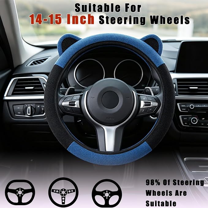 Steering Wheel Cover with Ears Keychain Fit 14-15 inch Black Blue | Cute Car Steering Wheel Covers for Women Girls Elastic Breathable Steering Wheel Protector Accessories Universal Size