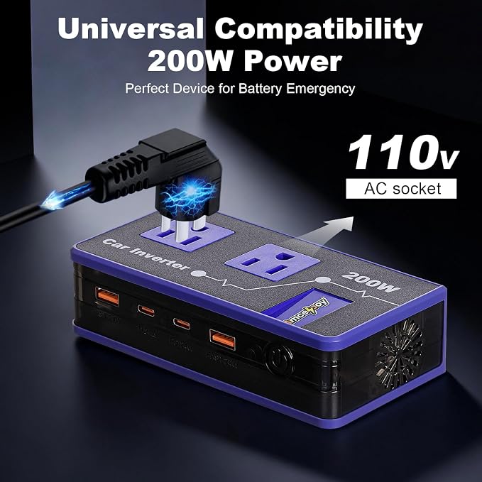 200W Car Power Inverter, Amcelooy Dual DC 12V to 110V AC Car Outlet Adapter to Wall Plug,Fast Charging 24W USB-C & USB Ports,Car Charger for Laptop, Vehicles, Road Trip Essentials(Purple)