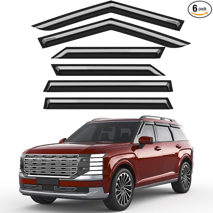 6pcs Outside-Mount Window Rain Guards Fit for Hyundai Palisade 2026, Extra Durable Window Visors Wind Deflector Dark Smoke Vent Shades Car Tape-on 6-pcs with Thicker