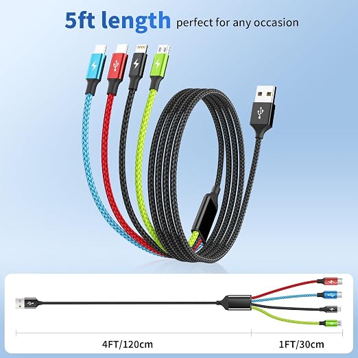 Cruise Essentials 2026 4 in 1 Multi Charging Cable [3Pack 5FT], Tangle Free USB C Car Charger Cable, Nylon Braided Charging Cords for Multiple Devices, Travel Essentials Car Accessories