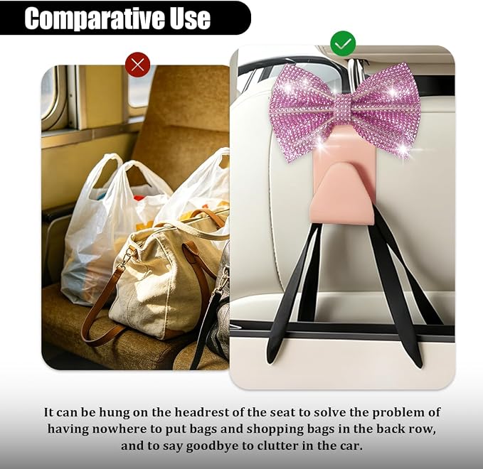 2PCS Bling Bow Car Seat Headrest Hooks, Crystal Rhinestone Vehicle Rear Seat Hanging Storage Hooks for Purses Bags Coats, Auto Headrest Storage Organizer, Universal Fit (Pink)