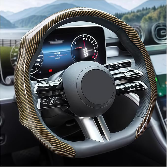 Zpana Carbon Fiber Car Steering Wheel Cover, Leather Non-Slip Vehicle Steering Wheel Cover for 14.5-15 Inch, Comfortable Auto Interior Protector Decoration Accessories, Universal Fit(Gold)