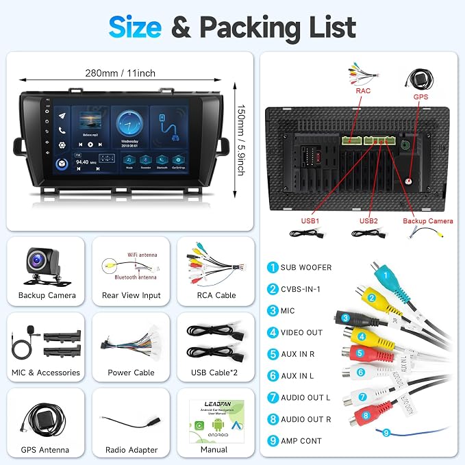 Car Radio for Toyota Prius 2010 2011 2012 2013 2014 2015 Stereo Replacement with Wireless CarPlay Android Auto, 9 Inch Touchscreen with Bluetooth WiFi GPS Navigation Backup Camera MIC 2+32G