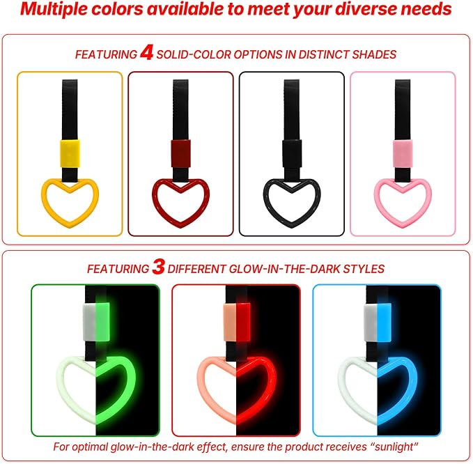 2 Pcs Heart Shaped Car Handle Strap – Drift Charm Rear Bumper Warning Ring Decor for Car Interior Exterior, Subway Bus Handle Accessory, Cute Heart Car Decor Gift for Women & Men (Luminous Red)