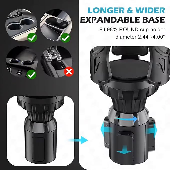 Adjustable Car Cup Holder Expander - Universal Base Fits 2.4"-4" Holders, Extends to 5.5" for 10-64oz Large Cups & Bottles