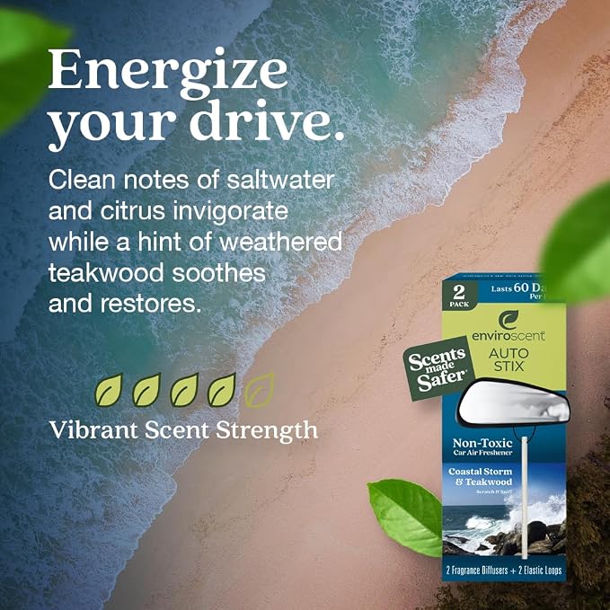 Non-Toxic* Car Air Freshener Auto Stix® - Scents Made Safer - Enjoy Fragrance Lasts Up to 180 Days - Includes Auto Stix® Diffusers & Elastic Loops - Coastal Storm & Teakwood (Pack of 3)