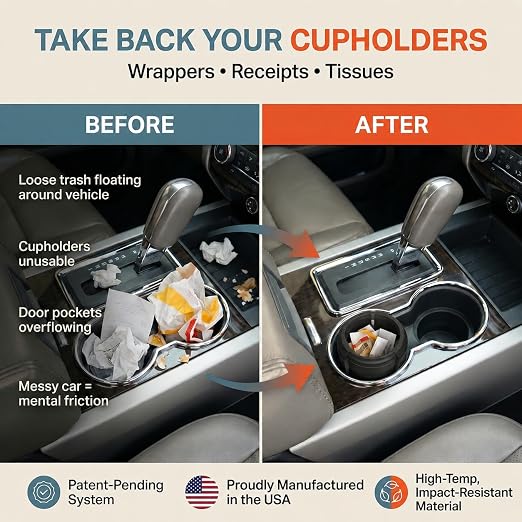 Car Trash Can Cup Holder | Micro Car Trash Can | Fits Flush in Most Cupholders | 3.5" x 3.5" | Traps More & Empties Less, Patent-Pending Compaction, Holds Small Garbage, Black/Black