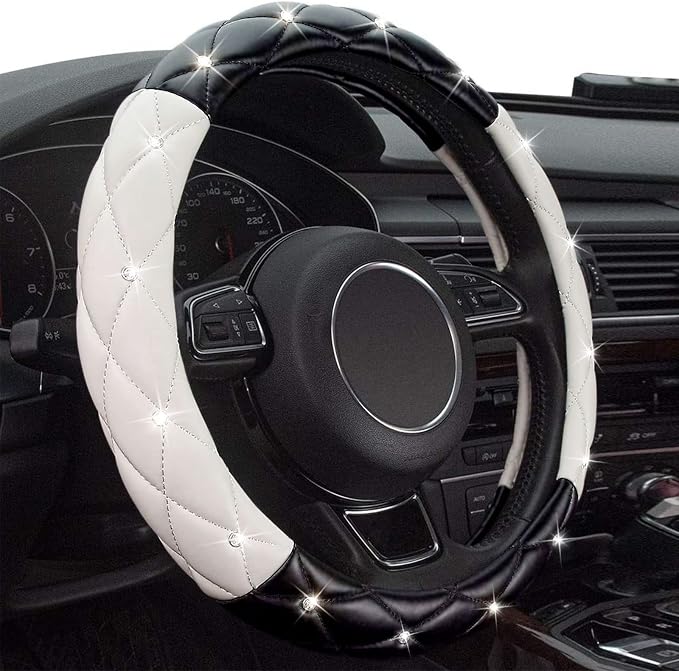 Black White Steering Wheel Cover, Anti-Slip Steering Wheel Protector with Crystal Rhinestones, Car Steering Wheel Cover for Women and Girl Fit 14.5-15 inch