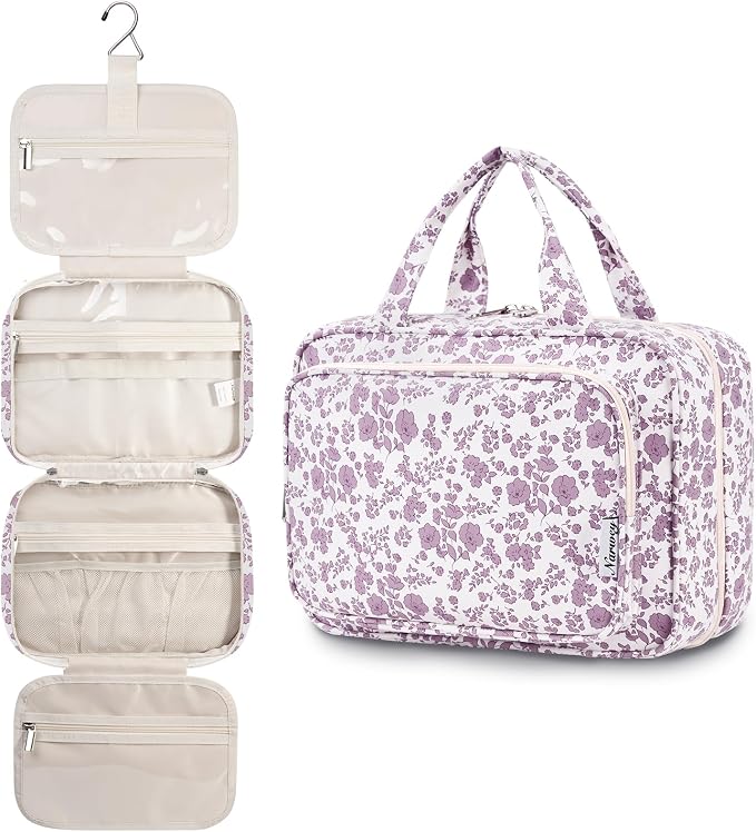 Travel Toiletry Bag for Women Large Hanging Makeup Bag Organizer Toiletries Bag for Full Size Essentials Accessories Cosmetics (Dusty Pink Flower (Large))