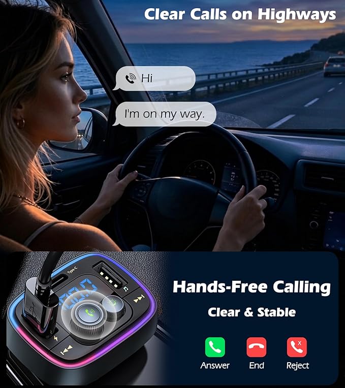 FM Transmitter for Car Bluetooth Adapter 5.4,48W PD+QC Fast Charging,Hands-Free Calling,Streams Spotify/Navigation/Music via Car Radio,Wireless Upgrade Non-Bluetooth Cars,USB-C,USB/TF,12V/24V
