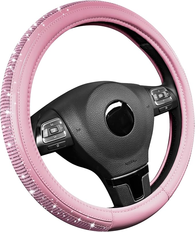 Bling Steering Wheel Cover – Pink Diamond Design, Universal Fit 14.5-15 Inch, Microfiber Leather, Anti-Slip & Breathable Design for Men and Women