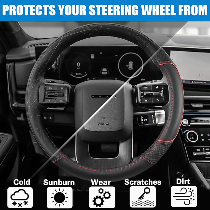 Auto Car Steering Wheel Cover for Hyundai,Tucson,Sonata,Elantra,Santa Fe,Genesis,Sonata Hybrid,Azera,Venue,Kona, 14.5-15 inches(Red-Standard Size)
