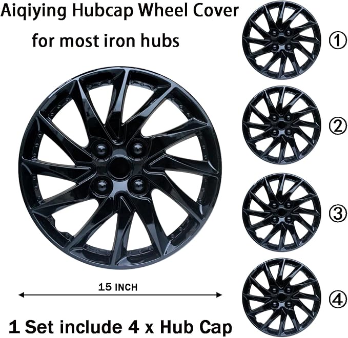 Hubcap Wheel Cover Replacement R15 Hub Caps Universal-Fit Steel Wheel Rim Cover ABS Material Exterior Accessories for Car Truck SUV -Set of 4（15-inch，Black）