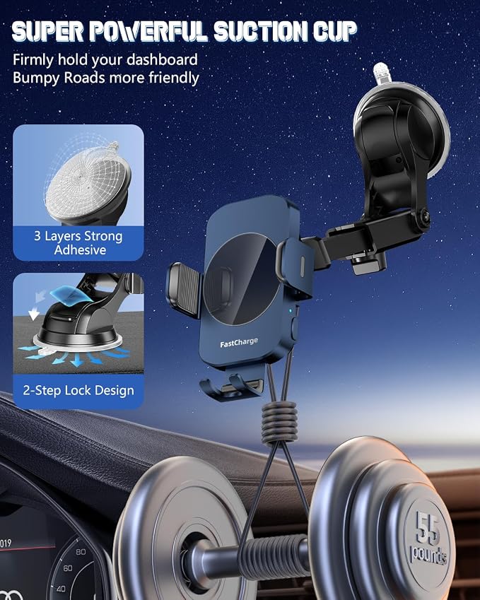 3-in-1 Wireless Car Charger Mount, 15W Fast Charging Auto-Clamping Phone Holder for iPhone 17 16 15 14, Samsung Galaxy S24 S23, Dashboard, Vent & Windshield Car Mount(Deep Blue)