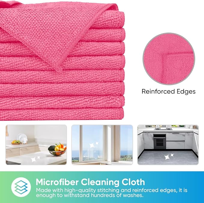 Pink Microfiber Cleaning Cloth, 24 Pack Cleaning Towels for Kitchen, Lint Free, Scratch-Free, Highly Absorbent, and Reusable Cleaning Rags for House, Window and Glass, Cars, 11.5 X11.5 inch