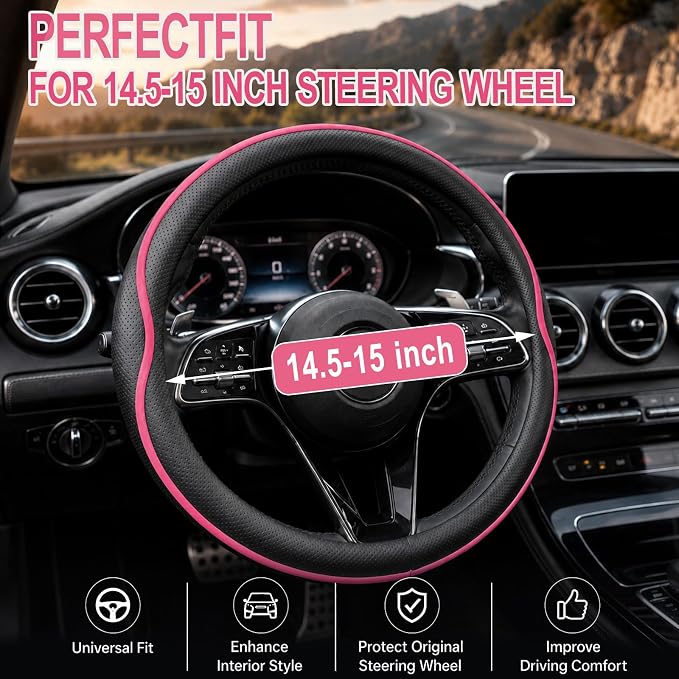 Car Steering Wheel Cover Full Surround - Soft Breathable Anti-Slip Heavyweight Safety Cover, Thick Cushioned Sports Style Universal Fit for Auto Truck SUV (Black/Pink)