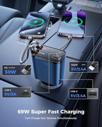 [Upgraded] 6 in 1 Retractable Car Charger, Smaller Fast Car Phone Charger 69W with Cord, USB C and iPhone Car Charger Adapter, Compatible iPhone 17/17 Pro Max/16/15/14/13, Sumsung