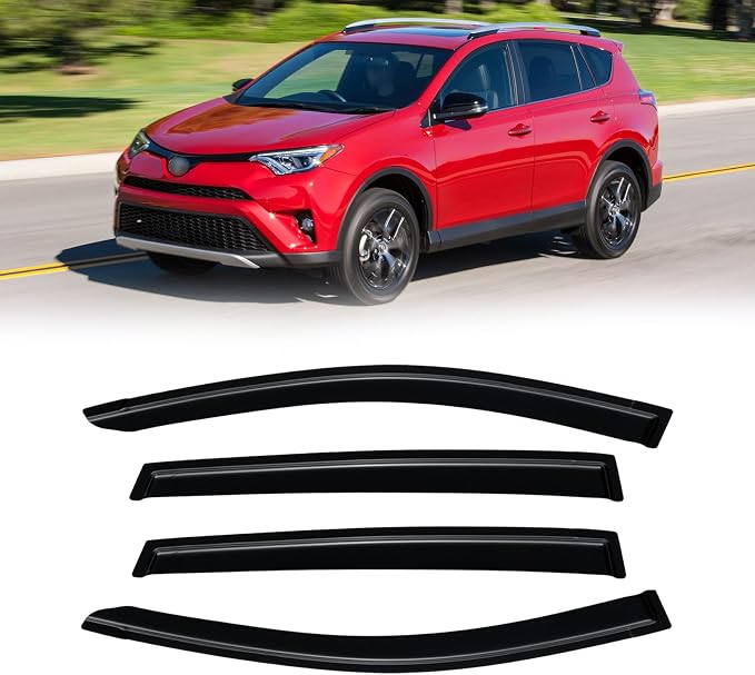 Rain Guards for 2013-2018 Toyota Rav4, Out-Channel Window Visor Shields Vent Deflector Shade Wind Dark Smoke 2014 2015 2016 2017 13 14 15 16 17 18, Tape-On Outside-Mount, 4PCS