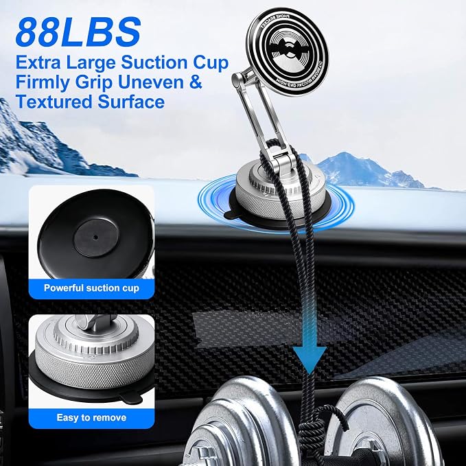 All-Metal Alloy Long Arm Magnetic Suction Cup Car Phone Mount(Silver) | Strong Powerful Magnetic Heavy-Duty Windshield Dash 360° Mechanical Rotation Cell Mobile Phone Vehicle Bracket for All Cars