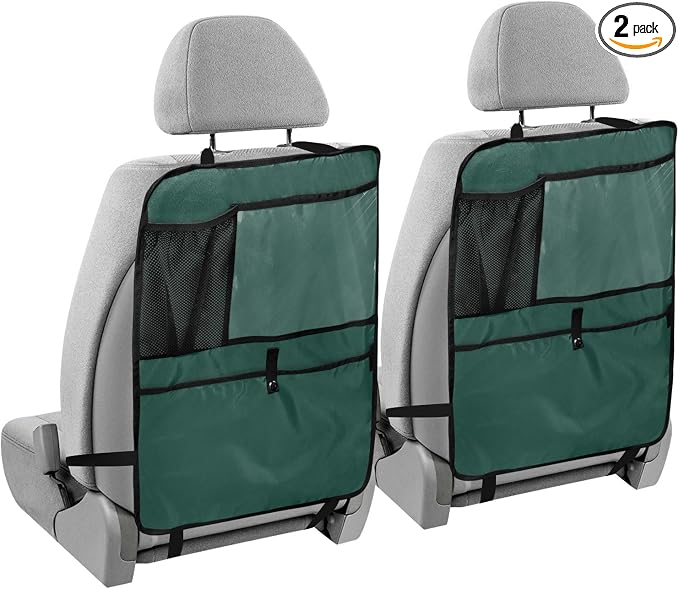 Hunter Green Car Seat Organizer for Kids Backseat Kick Mat with Adjustable Strap Back of Seat Protector for SUV Vehicle Car 2 Pcs