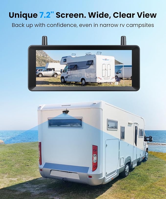 RV Backup Camera Wireless Plug and Play Compatible with Most RV | IR Night Vision, HD 1080P 7.2'' DVR 3-Channels, Stable Signal & Wide Angle Rear View Camera for Trailer Camper Motorhome