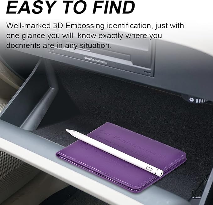 Car Registration and Insurance Holder, Vehicle Glove Box Car Organizer Men Women Wallet Accessories Case for Cards, Essential Document, Driver License, Purple