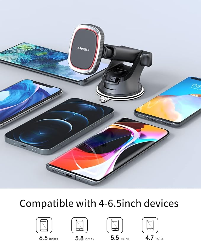 Magnetic Phone Mount, Dashboard Windshield Suction Cup Car Phone Holder Phone Mount with 6 Strong Magnets, Adjustable Telescopic Arm, Compatible with iPhone/Air/Pro/Max/All Smart Phones