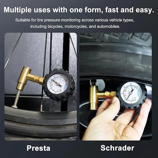 Bike Tire Pressure Gauge - Dual Head for Schrader & Presta Valves,0-60 PSI / 4 BAR Range, 1.5-Inch Dial with Gear Protection Sleeve - Suitable for MTB, Road, E-Bikes and Motobike