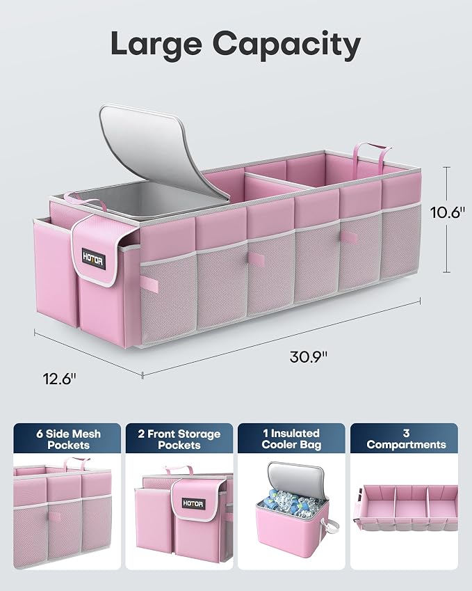 Trunk Organizer, Sturdy Foldable with Cooler for Car & SUV, 3 Compartments, Pink, 30.90”×12.60”×10.63”
